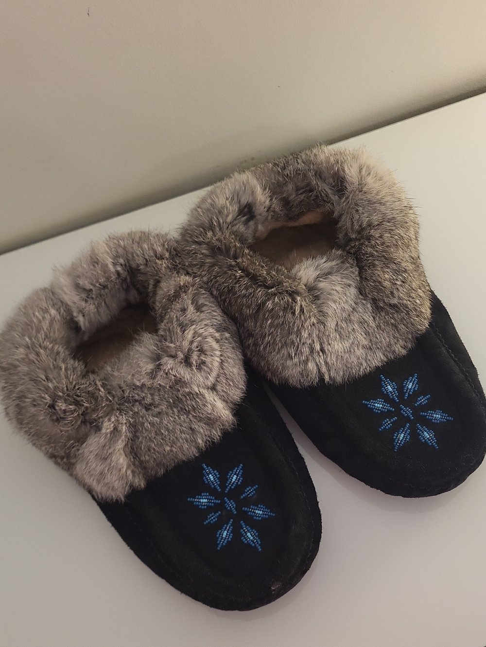Geniune Fur Trim Women's Moccasin Slippers with Blue Embroidery